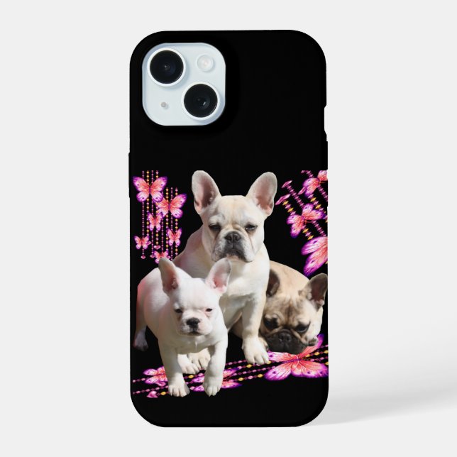 Coque iPhone 15 Trois bouledogues français avec papillon (Verso)