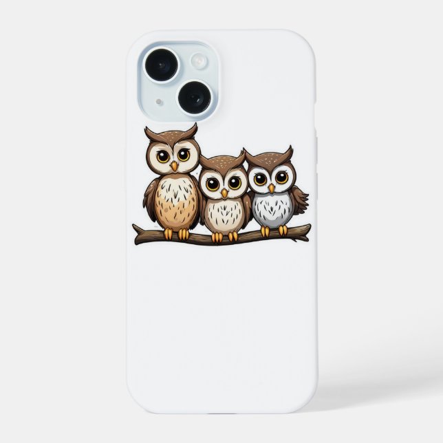 Coque iPhone 15 Trois Petits Hiboux Mignons (Verso)