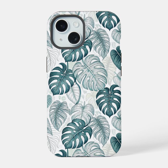 Coque iPhone 15 Tropical Botanical Green Monsteras (Verso)