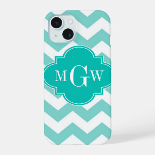 Coque iPhone 15 Turq / Aqua Wht Chevron Teal 3 Monogramme Initiale