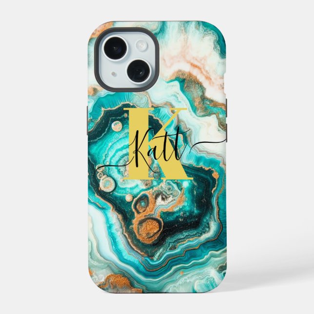 Coque iPhone 15 Turquoise Agate Dorée Monogramme Moderne Personnal (Verso)