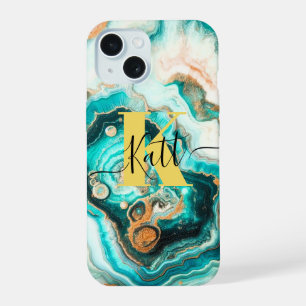 Coque iPhone 15 Turquoise Aqua Agate Golden Custom Monogramme mode