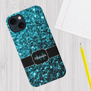 Coque iPhone 15 Turquoise bleu aqua faux paillettes scintillent Mo