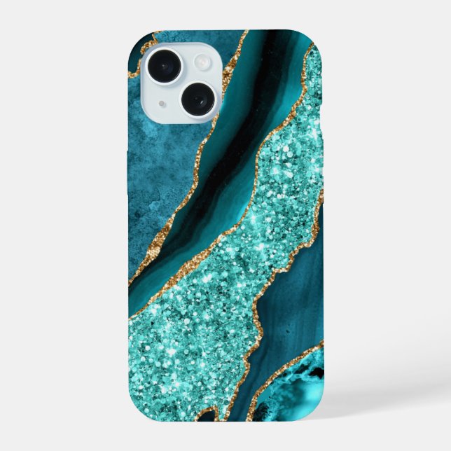 Coque iPhone 15 Turquoise Blue Gold Parties scintillant marbre Aqu (Verso)