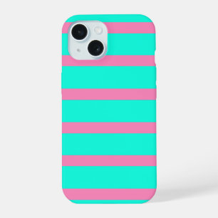 Coque iPhone 15 Turquoise pastel bleu-vert et rose rayures