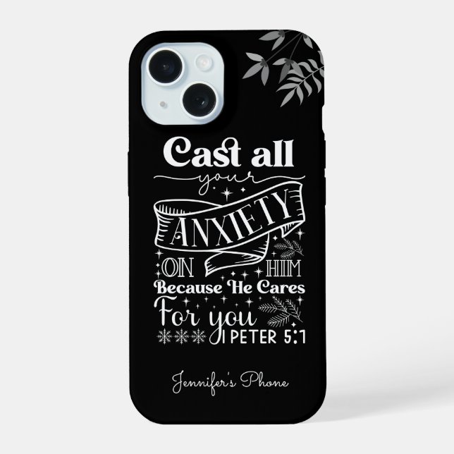 Coque iPhone 15 Typographie de texte blanc, Écriture 1 Pierre 5:7 (Verso)