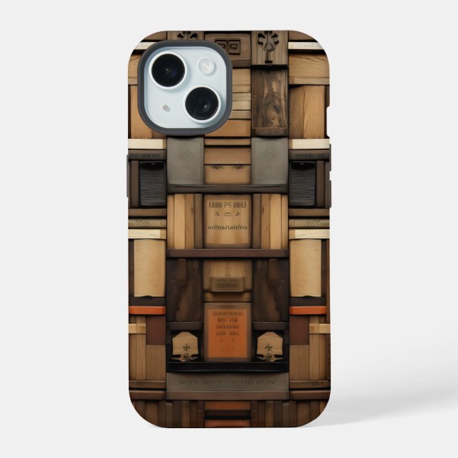 Coque iPhone 15 Typographie en bois et collage d'art (Verso)