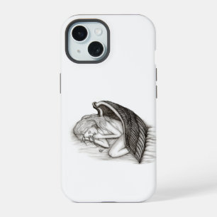 Coque iPhone 15 Un ange endormi, dessin en noir et blanc