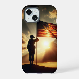 Coque iPhone 15 Un Soldat Américain Salue Le Drapeau