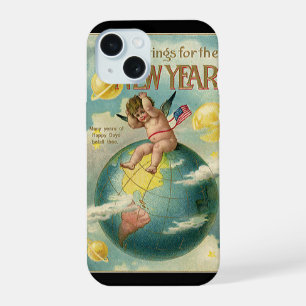 Coque iPhone 15 Vacances vintage, vœux pour la nouvelle année