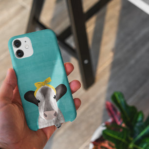 Coque iPhone 15 Vache mignonne avec noeud turquoise bleu