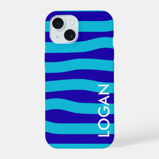 Coque iPhone 15 Vague bleu moderne avec nom personnalisé