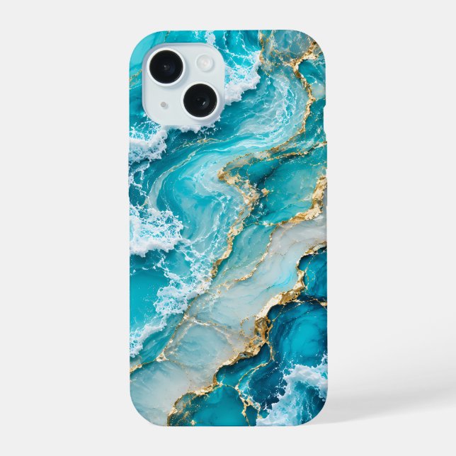 Coque iPhone 15 Vagues de lagon turquoise Abstrait (Verso)