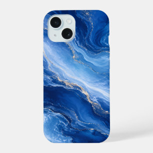 Coque iPhone 15 Vagues de marbre bleu Luxe Abstrait