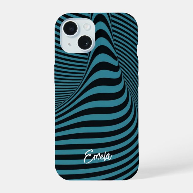 Coque iPhone 15 Vagues liquides hypnotiques Op Art avec nom (Verso)