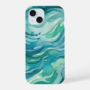 Coque iPhone 15 Vagues océaniques à l'aquarelle sarcelle
