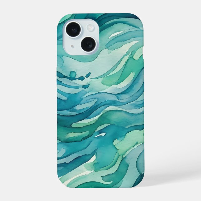 Coque iPhone 15 Vagues océaniques à l'aquarelle sarcelle (Verso)