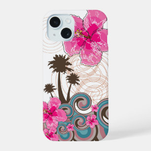 Coque iPhone 15 Vagues tropicales Hibiscus rose chaud Palmiers de