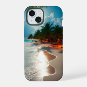Coque iPhone 15 Vagues tropicales Plage ciel bleu nuageux