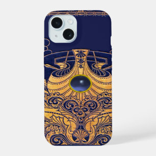 Coque iPhone 15 Vaisseau Antique,Dauphins,Or,Nautique ,Bleu Marine