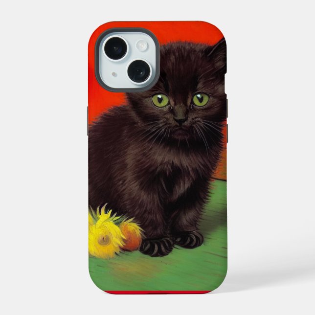 Coque iPhone 15 Van Gogh Style Chat noir (Verso)