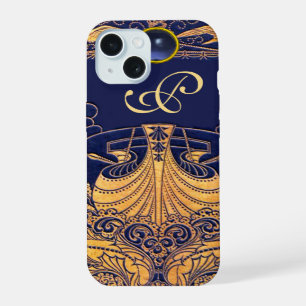 Coque iPhone 15 Vase Antique,Dauphins,Or,Monogramme Bleu Marine