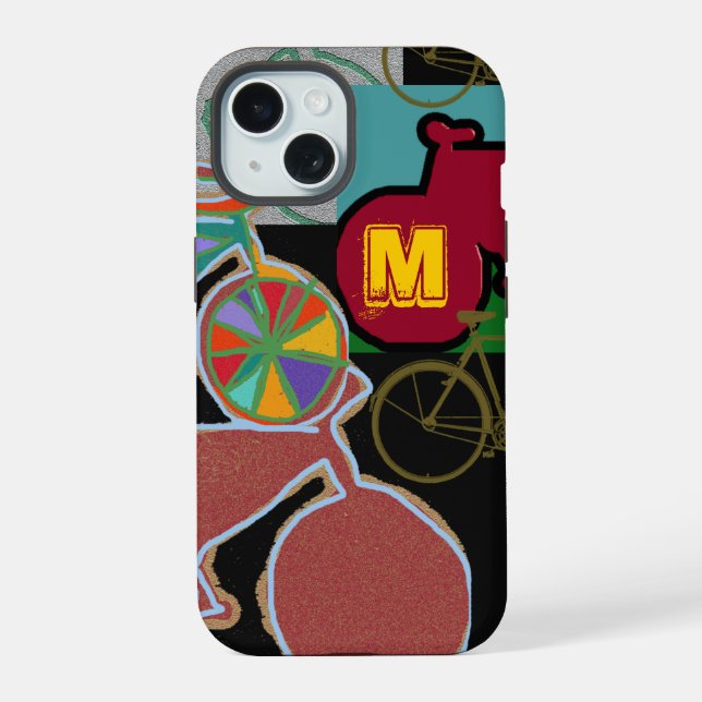 Coque iPhone 15 Vélos colorés avec Monogramme (Verso)