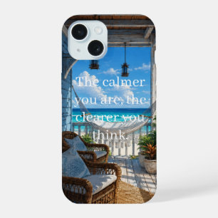 Coque iPhone 15 Véranda côtière avec hamac et mer turquoise