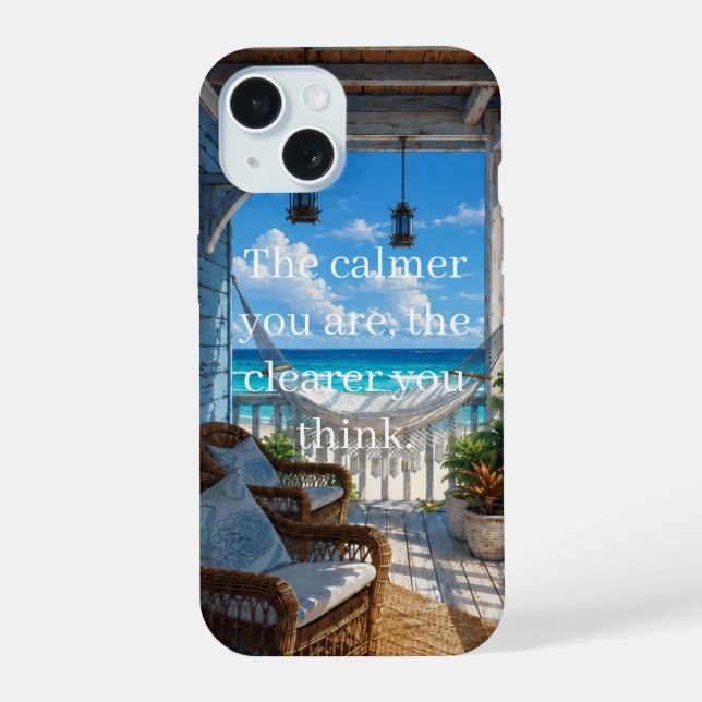 Coque iPhone 15 Véranda côtière avec hamac et mer turquoise (Verso)