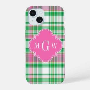 Coque iPhone 15 Vert émeraude rose chaud blanc Madras prépa Monogr