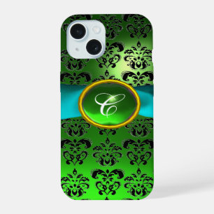 Coque iPhone 15 VERT NOIR DAMAS GEM MONOGRAMME Ruban Aqua Bleu