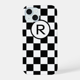 Coque iPhone 15 Vichy à carreaux gras noir et blanc avec monogramm