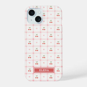 Coque iPhone 15 Vichy rouge avec cerises et noeuds papillon monogr