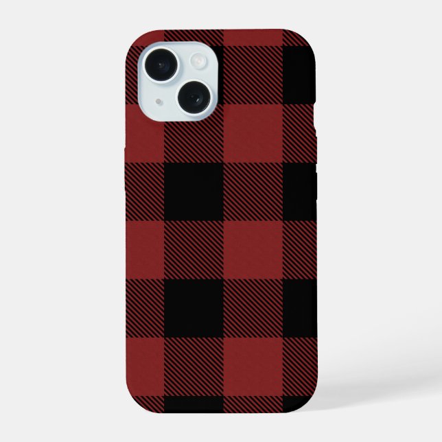 Coque iPhone 15 Vichy Rouge Noir Buffalo à Carreaux (Verso)