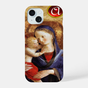 Coque iPhone 15 VIERGE À L'ENFANT Monogramme Rubis Rouge