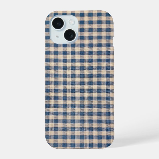 Coque iPhone 15 Vieux Gingham Bleu (Verso)