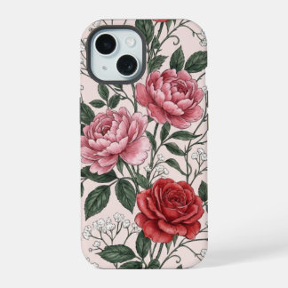 Coque iPhone 15 Vintage Red Rose and Pink Peony Floral Phone Case