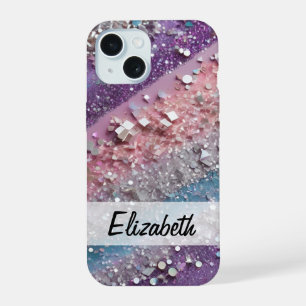 Coque iPhone 15 Violet pastel scintillant, bleu, rose et argenté