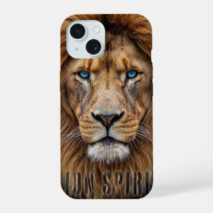 Coque iPhone 15 Visage de lion majestueux aux yeux bleus Faune A