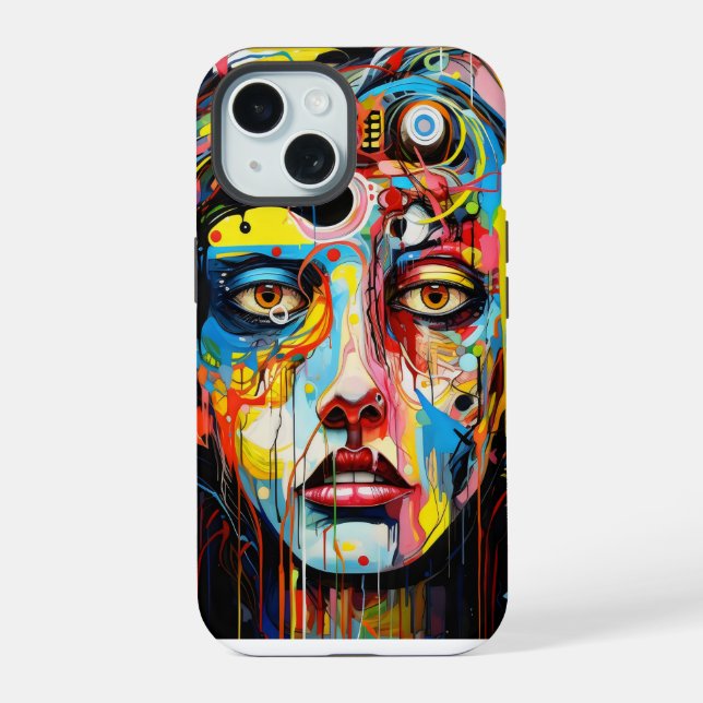 Coque iPhone 15 Visage Féminin Expressionnisme Coloré (Verso)