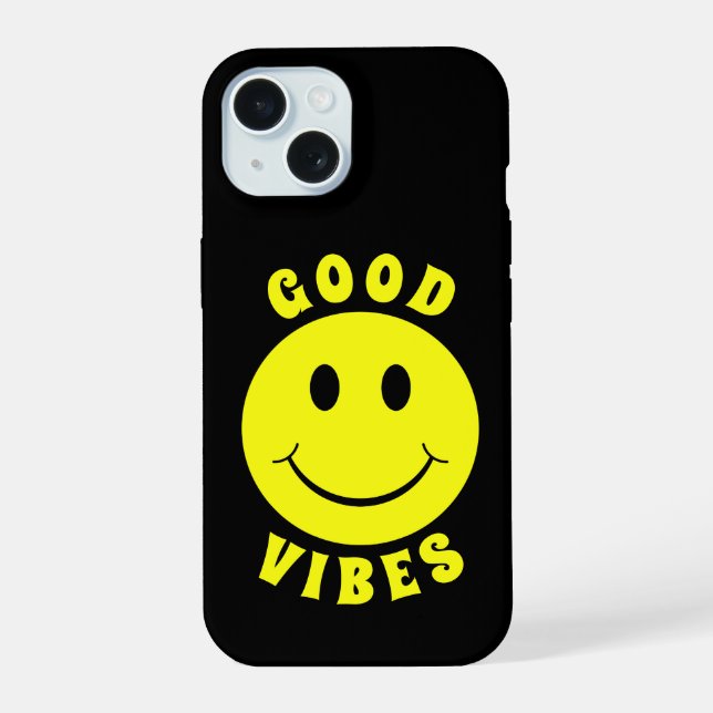 Coque iPhone 15 Visage Jaune Heureux Bonne Vibration (Verso)