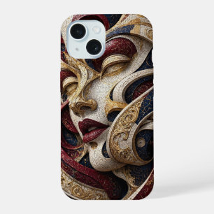Coque iPhone 15 Visage Mosaïque Bourgogne Nuit Ivoire Or