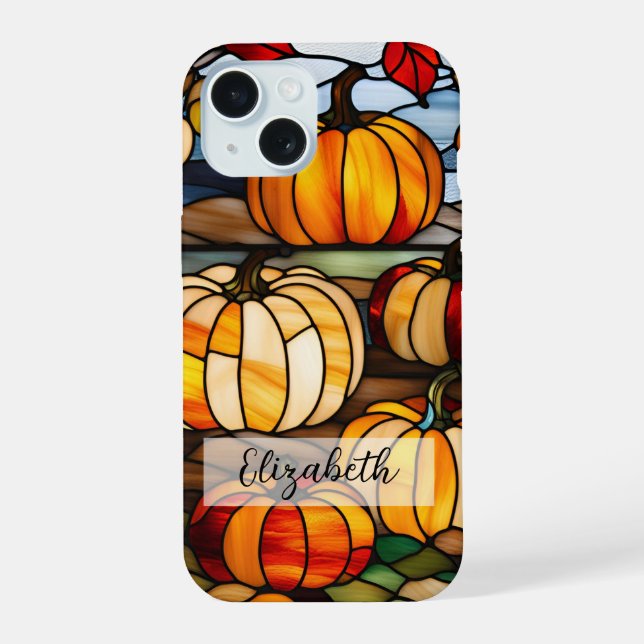 Coque iPhone 15 Vitrail aux citrouilles (Verso)