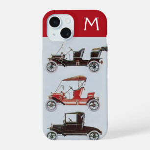 COQUE iPhone 15 VOITURES ANCIENNES GRIS MONOGRAMME ROUGE