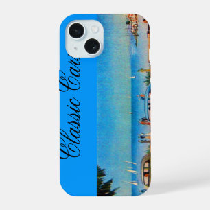 COQUE iPhone 15 VOITURES ANCIENNES JAUNE BLEU CIEL
