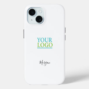 Coque iPhone 15 Votre logo/art/photo, nom en script noir, blanc