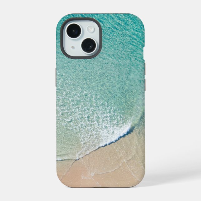 Coque iPhone 15 Vue aérienne sur une plage et un océan bleu (Verso)