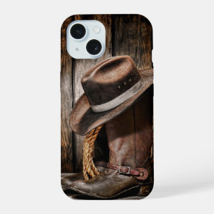 Coque iPhone 15 western country brun grange bois cowboy bottes