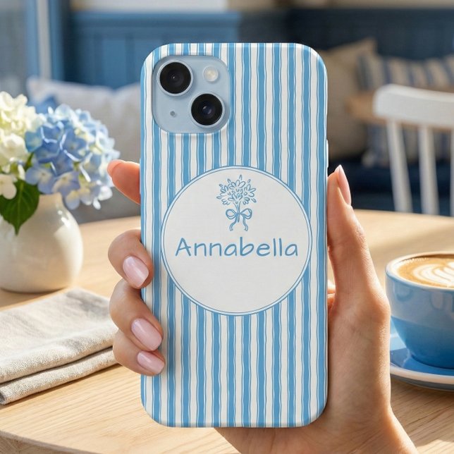 Coque iPhone 15 Whimsical Blue White Stripe Preppy Monogram (Créateur téléchargé)