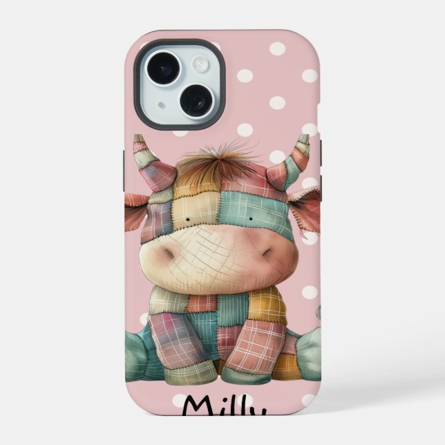Coque iPhone 15 Whimsstel Pastel Patchwork Cow Ajouter Nom personn (Verso)